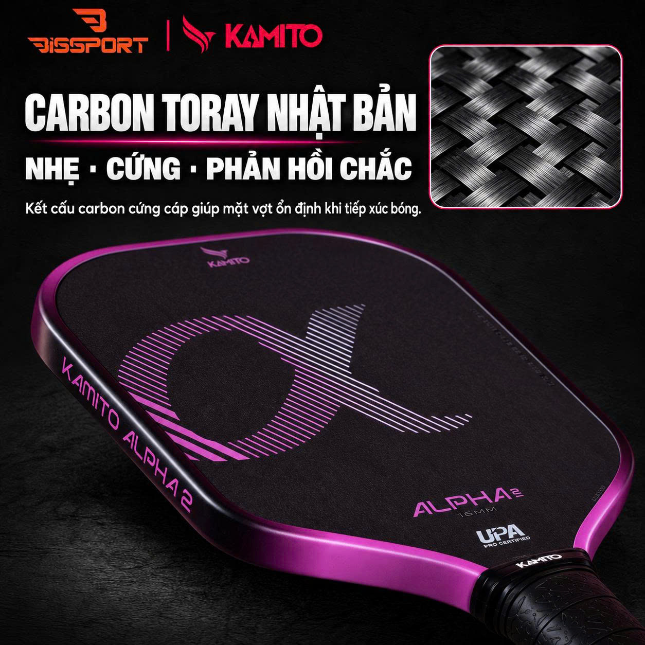 Vợt Pickleball Kamito Alpha 2 Hồng Chính Hãng - Nhẹ Tay - Kiểm Soát Đường Bóng - Mặt Carbon Fiber Nhám